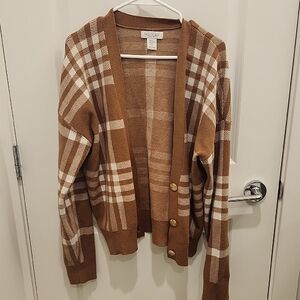Rachel Zoe Womems Tan Brown Plaid Button Up Cardigan Size XL
